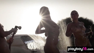 Blonde MILF and hot teens washing a car
