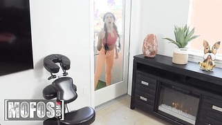 Stunning beauties Theodora Day and Lumi Ray finish their workout and share their instructor's cock