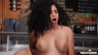 Natural busty Gabriela Lopez slides her shaved pussy on the hard rod