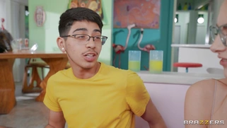Kyler Quinn in glasses orally serves Diego Perez's cock