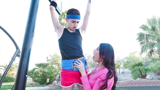 Makayla Cox pulled down Juan's pants and took his cock in her mouth