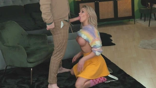 Karina King on her knees is sucking Michael Fly's cock