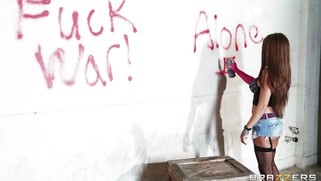 Filthy hobo Lizz Tayler smoking and painting walls