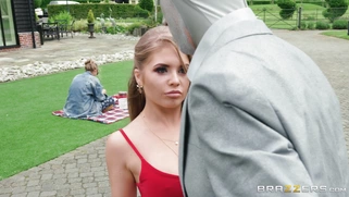 Alessandra Jane seduces the living statue Danny D outdoors