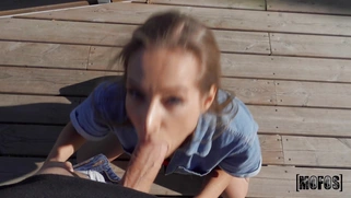 Kinuski is sucking the cock in POV outdoors