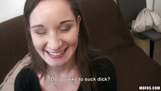 Amateur hottie Myrna Joy gives her first blowjob on camera