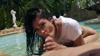 Katana Kombat rides and sucks the stiff dick poolside