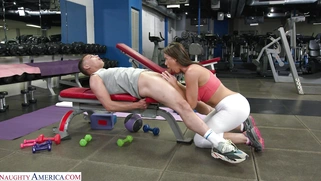MILF Riley Jacobs is sucking Johnny Love's cock in the gym