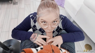 Blonde Kaiia Eve in glasses is sucking Van Wylde's cock