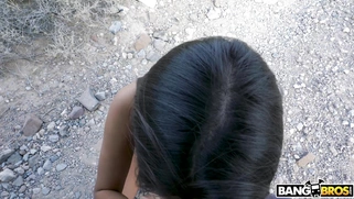 Teen Eliza Ibarra gives nice blowjob outdoors