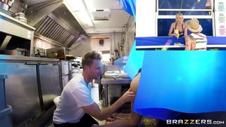 Marsha May works a busy hot dog stand while getting her tight pussy eaten