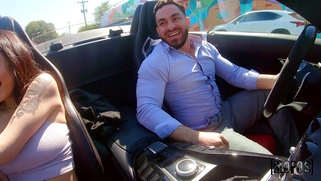 Melody Foxx is jerking and sucking Peter Green's cock in the car