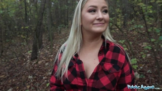 Beautiful Busty Blonde takes her clothes off in the woods before fucking