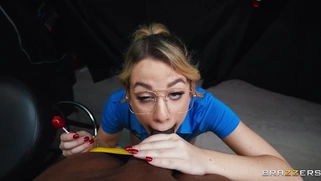 Bespectacled Ashley Alexander is sucking BBC in POV