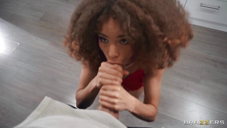 Ebony Cecilia Lion is sucking the white cock and licking balls