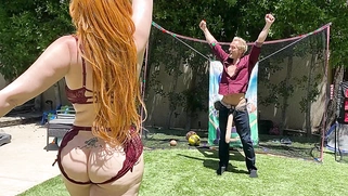 Big-booty redhead MILF plays ball with her stepson's huge white cock