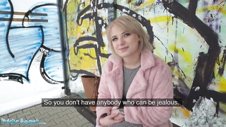 Short hair blonde amateur teen with soft natural body picked up as bus stop