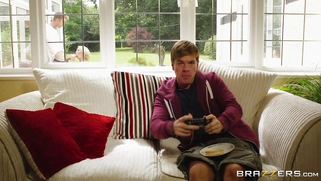 Leigh Darby sucks and fucks her neighbour while her son playing a game