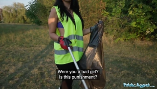 Hot brunette criminal is taken into the woods for an outdoors fucking