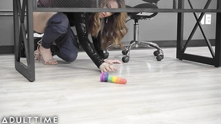 The little girl caught her MILF teacher stuck under the table with a dildo!