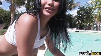 Alicia gets pussy pounded standing poolside