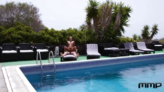Silvia Dellai gets jizzload in her mouth by the pool