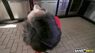Misty Quinn is playing with the sausage in the kitchen