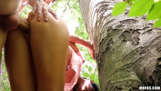 Brunette teen from Russia Victoria Grace fucked standing up outdoors