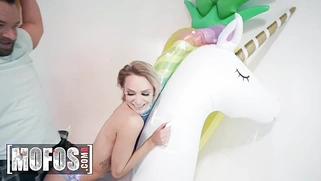 Skinny Blonde Emma Hix Gets Filled With Brad's Big Cock In Her Inflatable Room
