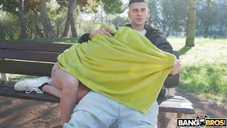 Andrea Lapiedra is sucking big cock and licking balls outdoors