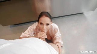 Jennifer Mendez on her knees is sucking Erik Everhard's cock