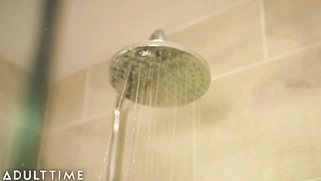 Mature cougar Carla Lane LOVES having her boy toy fuck her breasts in the shower!