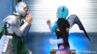 Abigail Mac as Morricunt is ready to fight with Charles Dera as Dr. Poon