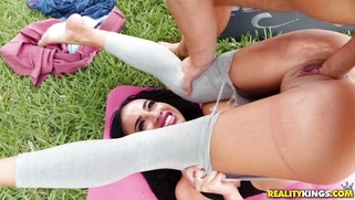 Big titted Victoria June gets pussy and mouth fucked outdoor