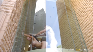 Brandy Aniston taking his member against the full-length glass wall