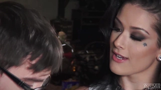 Brunette slut Katrina Jade has him lick her feet in the garage