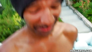 Mahina Zaltana wraps her lips around his monster black cock