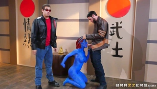 Nicole Aniston as the sexy Mystique sucking Wolverine and Cyclops's big dicks