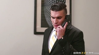 Elicia Solis sucking her boss' shlong while he's having a phone call