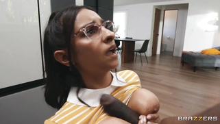 Hailey Rose in glasses is sucking huge black cock