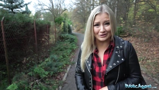 Beautiful Busty Blonde takes her clothes off in the woods before fucking