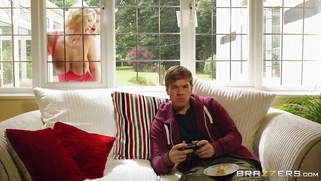 Leigh Darby sucks and fucks her neighbour while her son playing a game