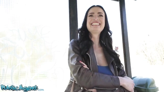 Busty brunette MILF gives her mouth and body to a fat cock after offer at a bus stop