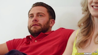 Kate Kennedy on her knees gives blowjob to Seth Gamble