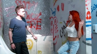Kinky redhead Billie Rai spies on a hot peeing dude
