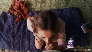 Jillian Janson on her knees is sucking the cock outdoors