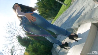 Anita Bellini slides out of her tight jeans outdoors