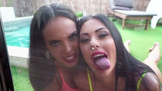 Katrina Moreno and Sapphire Lapiedra show off their asses poolside