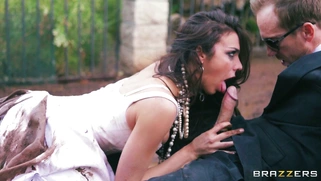 Dirty slut Tiffany Tyler sucking his cock in public