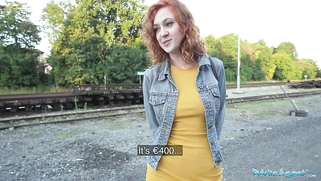 A gorgeous redhead waitress gets raped doggystyle outside in public after sucking cock
